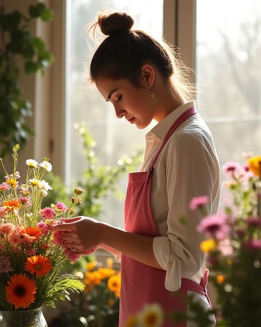 The founder of Ariake Blossoms carefully selecting flowers in her sunlit studio.