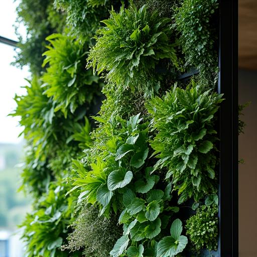 A living wall installation made of various green plants.