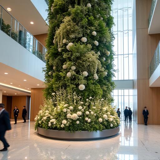 A large, impressive floral installation in a corporate building lobby.