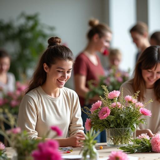 Participants smiling as they create their own arrangements in a workshop.