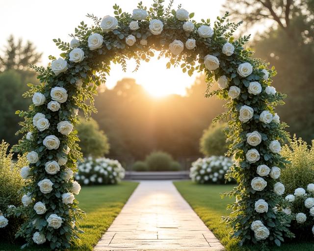 An outdoor wedding arch lavishly decorated with white roses and eucalyptus.