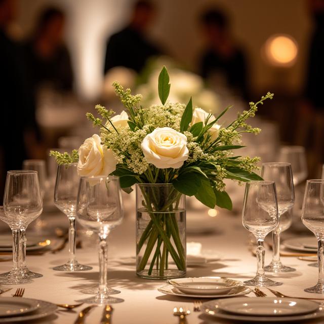 Elegant table centerpieces at a corporate gala dinner.