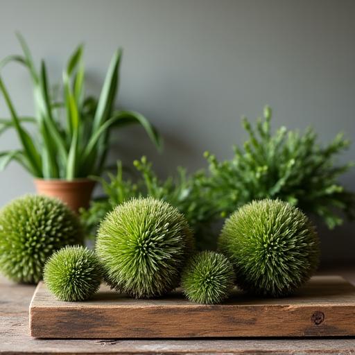 A collection of delicate Kokedama moss balls displayed on a wooden shelf.