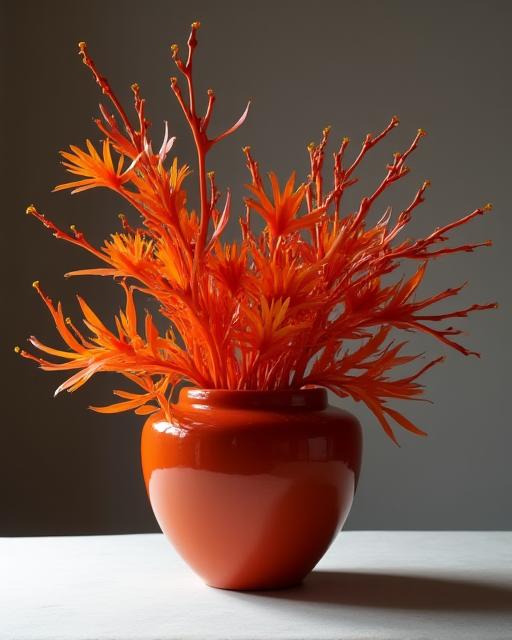 A contemporary Ikebana arrangement with sharp lines and bold colors.